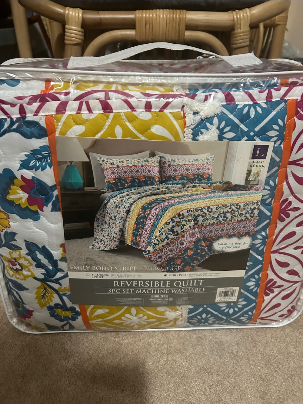 Lush King Turquoise Multi Boho Stripe Reversible Quilt Set